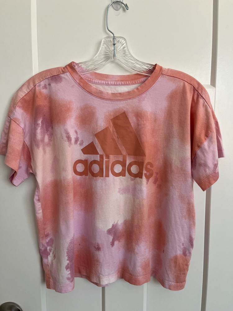 Adidas Tie Dye Logo Tee Womens L Pink Orange Athleisure Graphic T Shirt Cotton