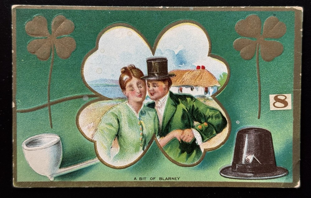 St. Patrick's Day Postcard Shamrock Couple Romance Pipe Hat Embossed 1910 Posted