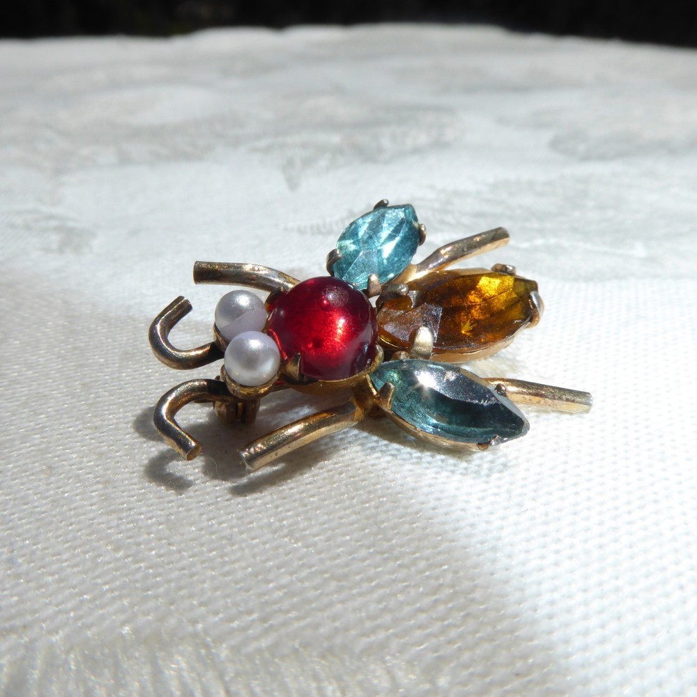 Wonderful Sterling Silver Vintage Coro Colorful Glass Rhinestone Bug Brooch