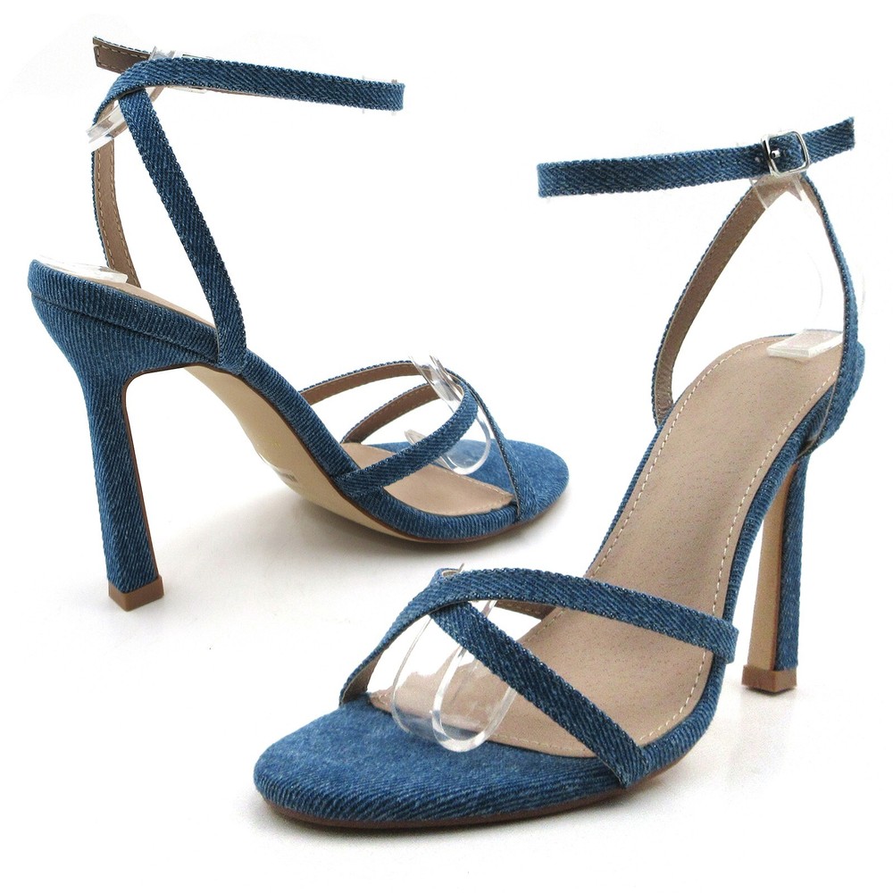 Glaze Women's Denim Ankle Strap Stiletto 4 Inch High Heels