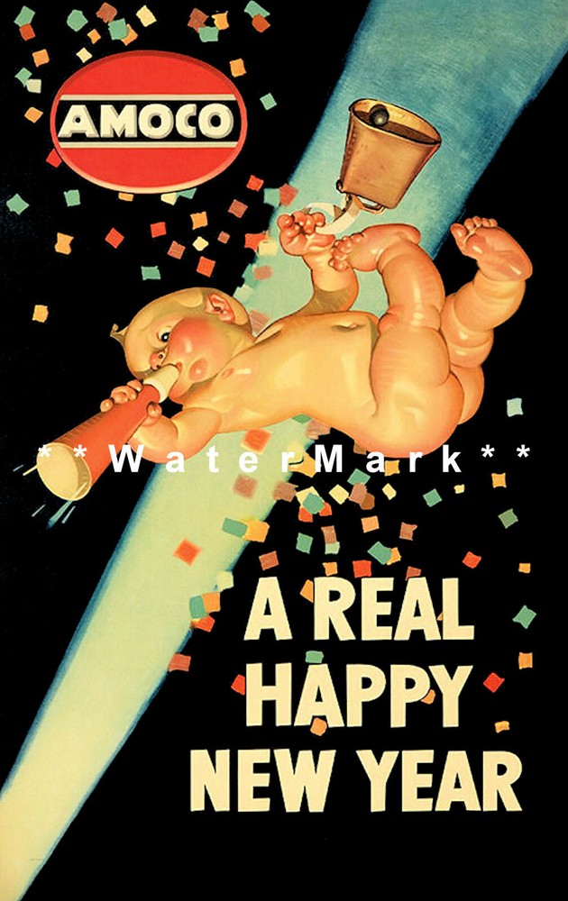 1946 Amoco Vintage Happy New Year Oil Company Poster Print Ad