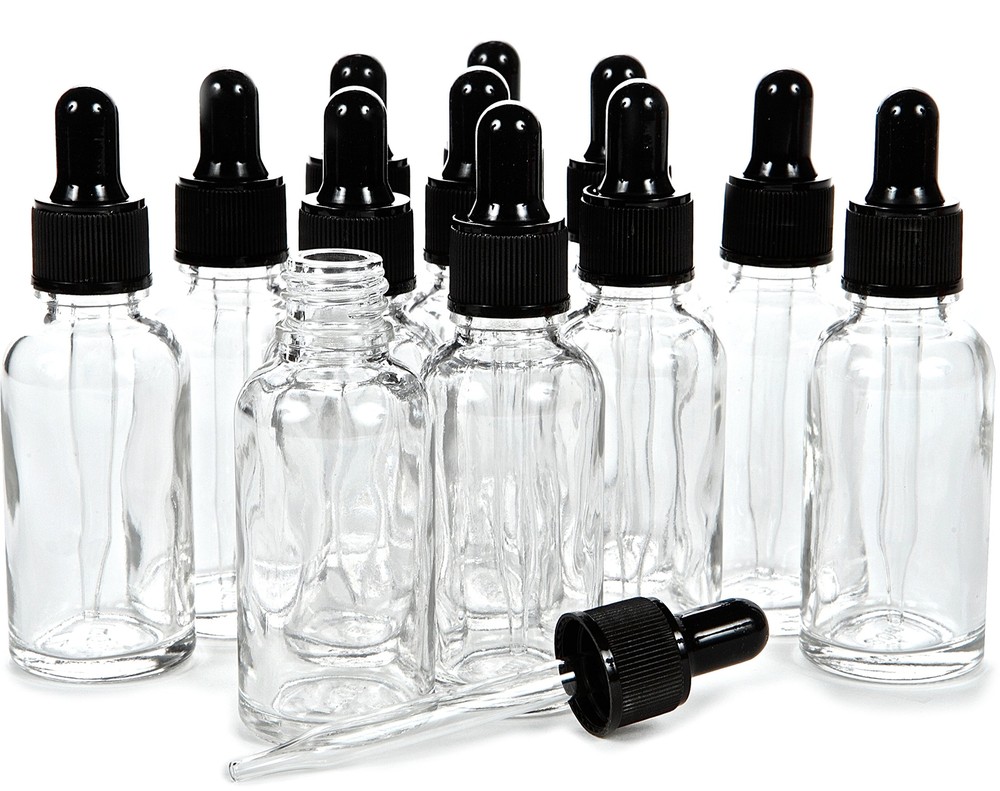 , 12, Clear, 1 oz Glass Bottles, with Glass Eye Droppers