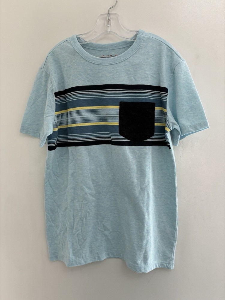 Cat & Jack Kid Boys Striped Marled Cotton Blend Pocket Short Sleeve Shirt Blue M