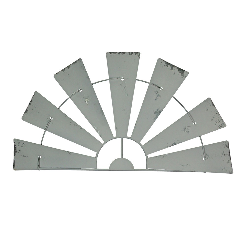 35 Inch Weathered White Metal Half-Windmill Wall Sculpture Rustic Home Decor Art