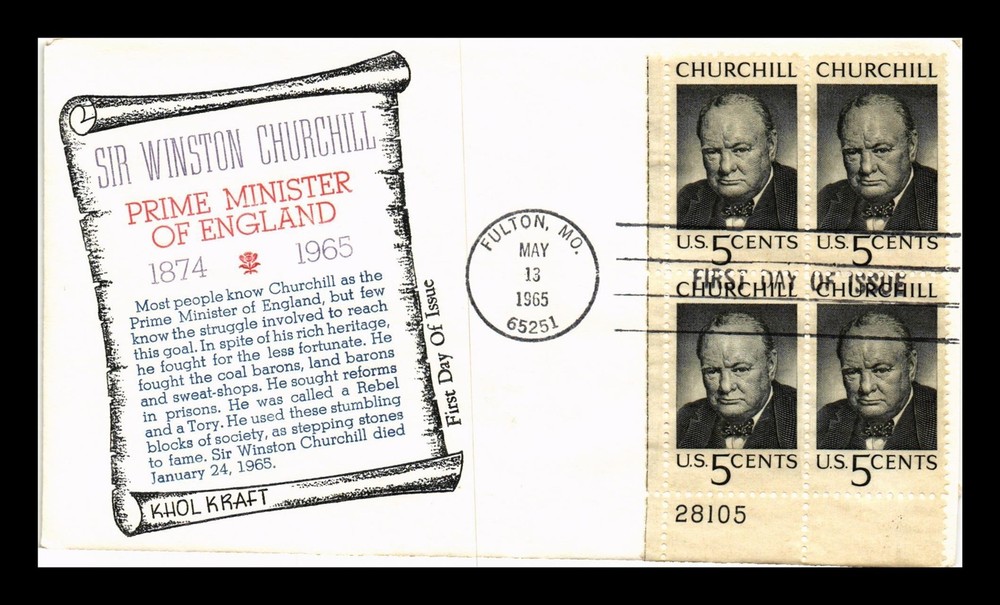 Dr Jim Stamps Us Cover Sir Winston Churchill Fdc Plate Block Khol Kraft
