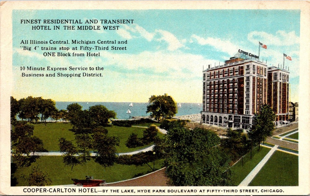 Dr Jim Stamps Cooper-Carlton Hotel Chicago Vintage Postcard by the Lake