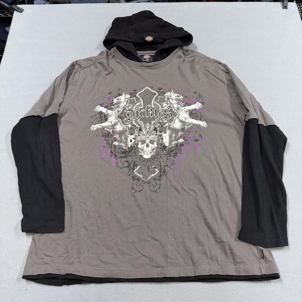 Dickies Shirt Mens 3XL Gray Skull Graphic Hooded Long Sleeve Layered Tee Thermal