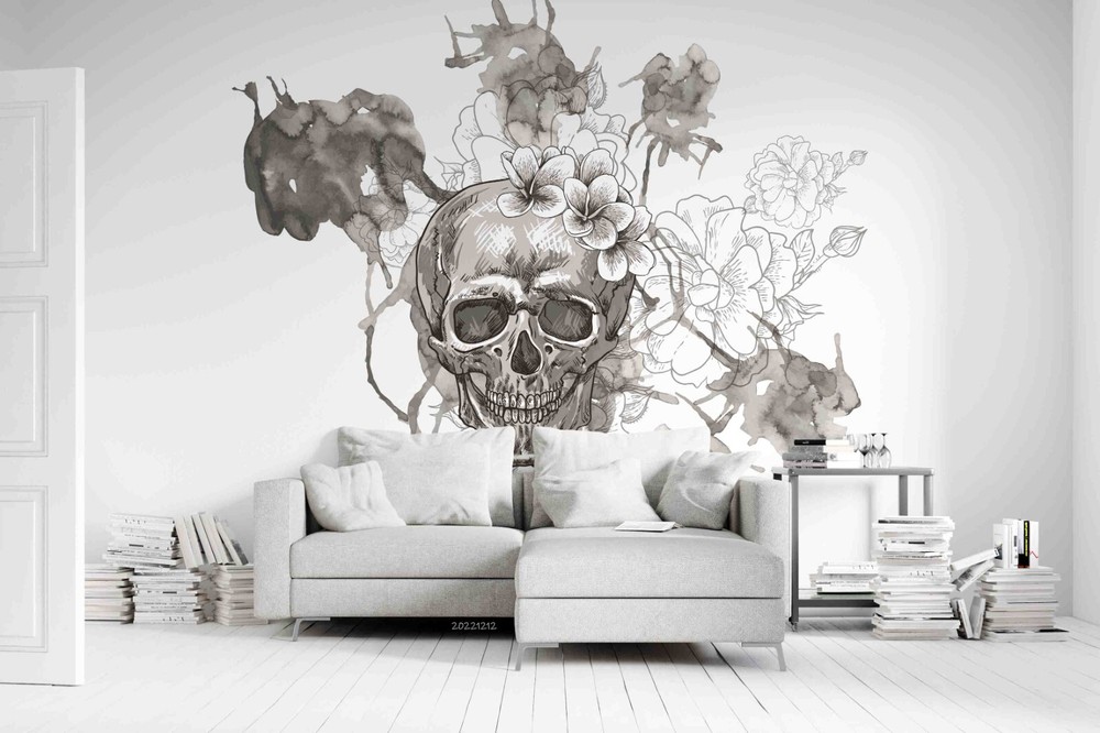 3D Watercolor Grey Skull Floral Wall Murals Wallpaper Murals Wall Sticker