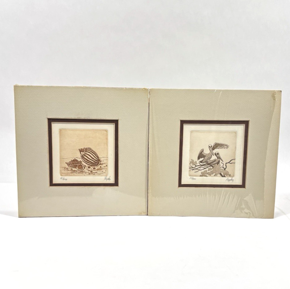 2 VTG Pelicans & Seashells Original Limited Edition Etching By Praphis Signed