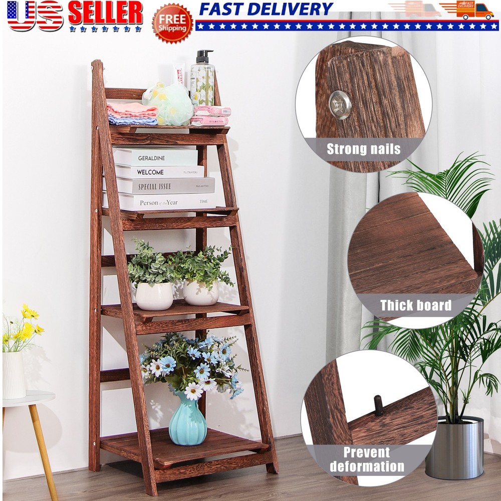 4-Tier Foldable Ladder Shelf Storage Rack Wood Stand Bookshelf Bookcase Plant