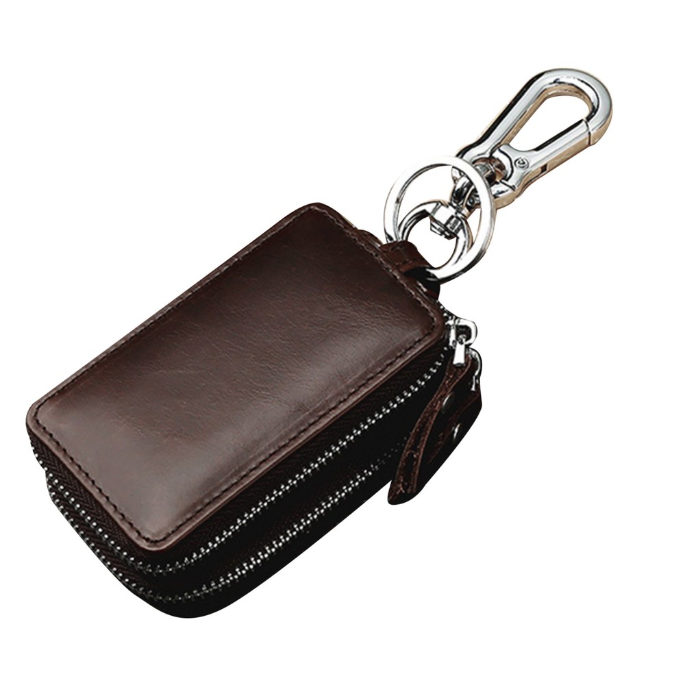 Double Layer Genuine Leather Car Key Case with Zipper Pouch