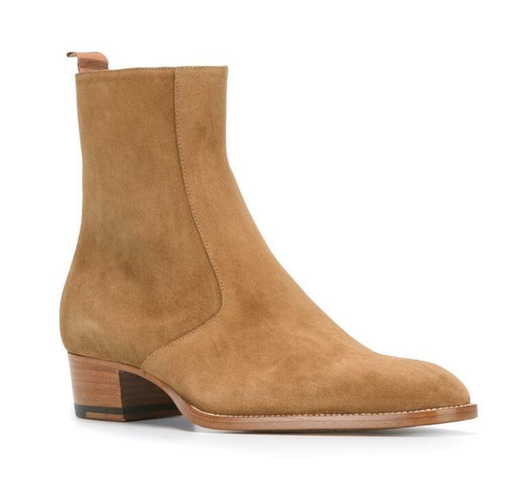 Men's Pointy Toe Cuban Heel Chelsea Boots Genuine Leather Pull-On Shoes