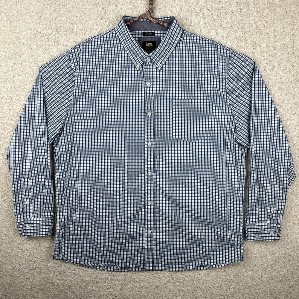 Lee Button-Up Shirt Men Size 2XL Blue Long Sleeve Plaid Collared Cotton Stretch