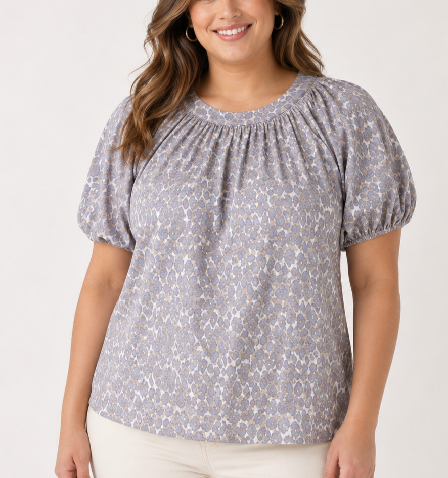 Maeve Tunic Top Women 2X Plus Gray Leopard Linen Bubble Sleeve Anthropologie