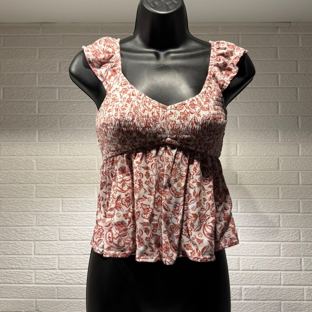 Hollister Floral Smocked Top Flutter Sleeve White Red XS
