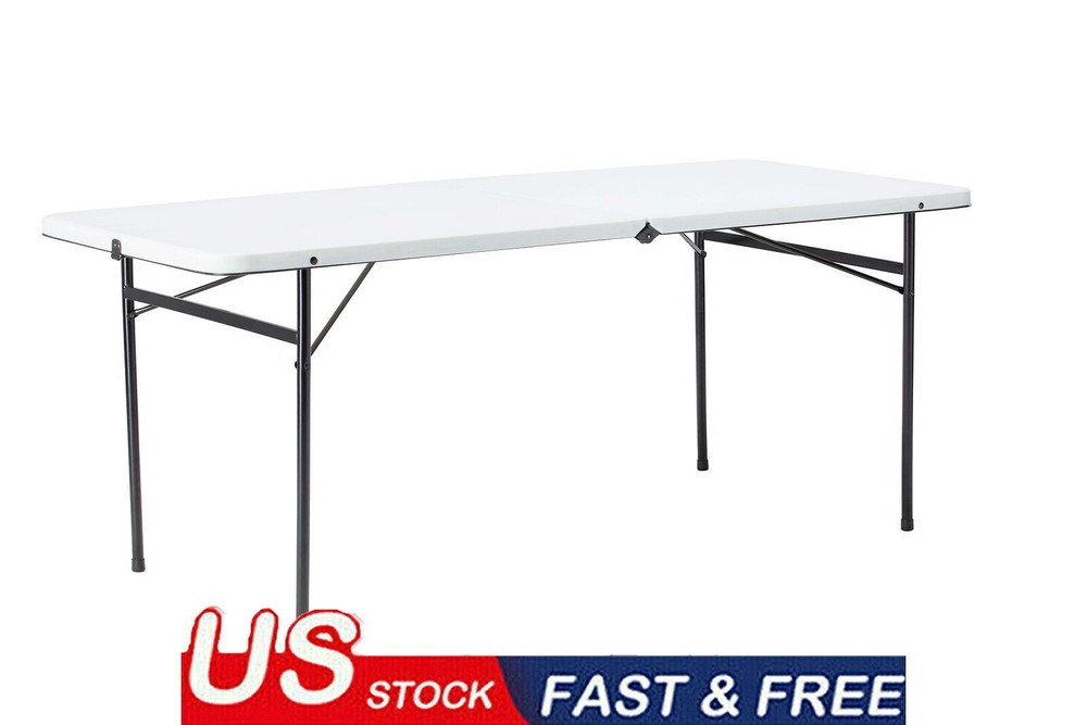 6ft Bi-Fold Plastic Folding Table with Carry Handle & Metal Legs for Outdoor BBQs