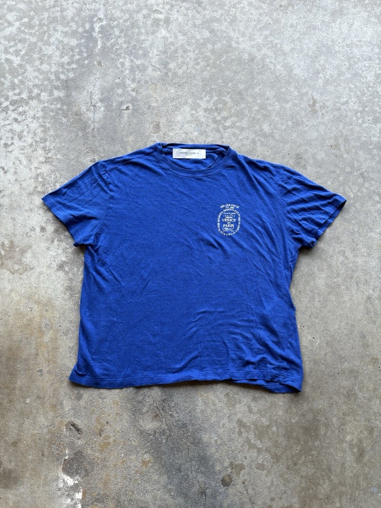 Gold Goose Designer Loose Graphic Tee Men's Large Short Sleeve T Shirt Blue