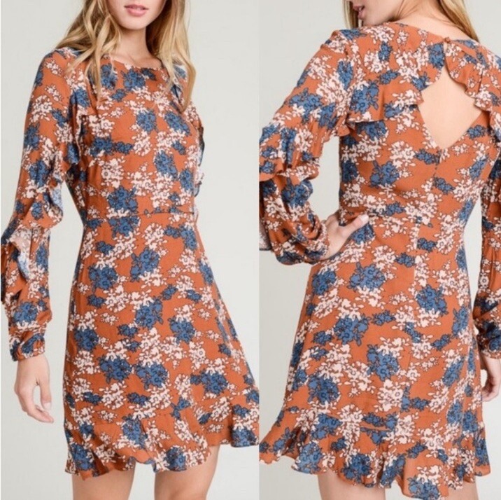 Les Lis Brown floral Long Sleeve Open Back Fall Dress Large