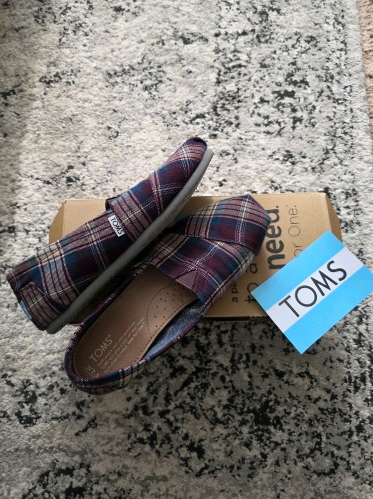 Toms Classic Purple Woven Plaid Slip On Shoes Womens 7.5 Boho Maroon Festival