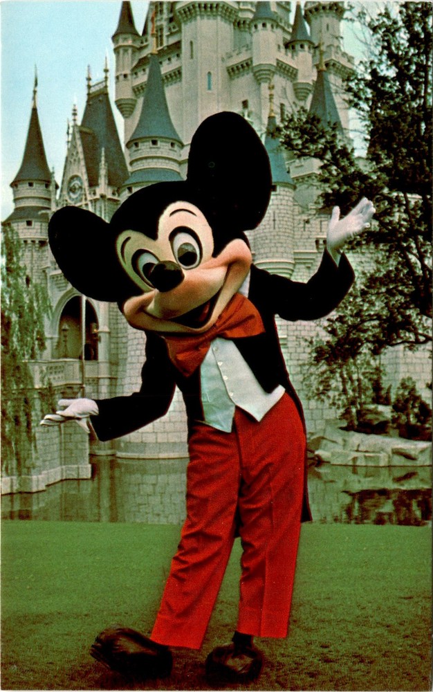 Magical Walt Disney World postcard featuring Mickey Mouse and Cinderella Castle at Magic Kingdom