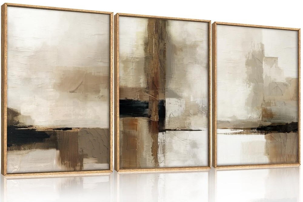 HOURIA Large Abstract Neutral Framed Canvas Wall Art Set,Brown Beige Wall Dec...
