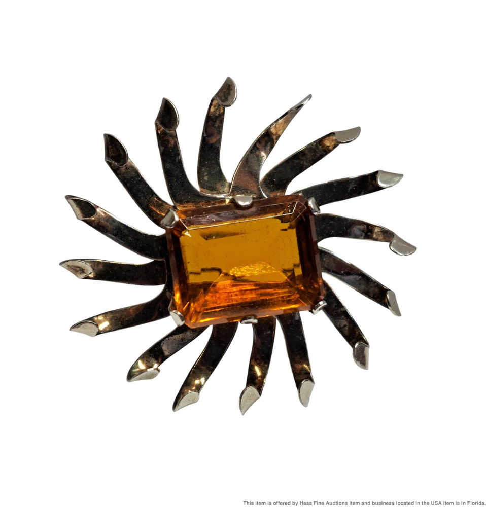 Huge Arts and Crafts Sterling Silver Ladies Sim. Citrine Sunburst Brooch Pin