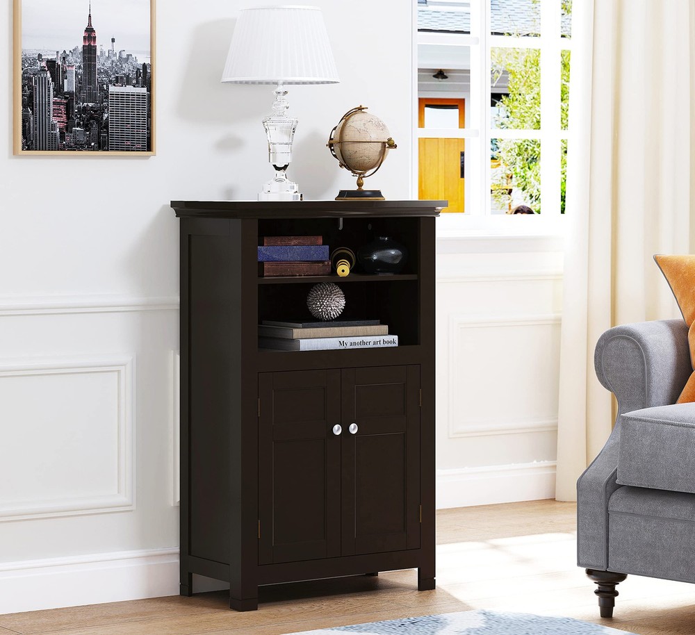 Bathroom Storage Cabinet with Adjustable Shelves and Doors - Wood Floor Cabinet