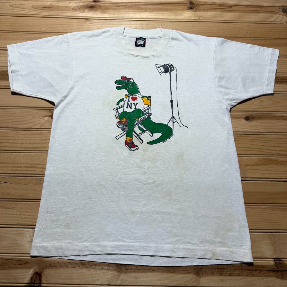 Vintage 1989 I Love New York T-Rex Dinosaur Director's Chair T-Shirt USA - Large