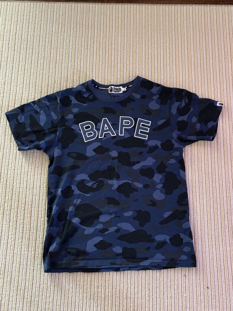 A Bathing Ape Camo Logo Blue Crew Neck Short Sleeve Men's T-Shirt Size M