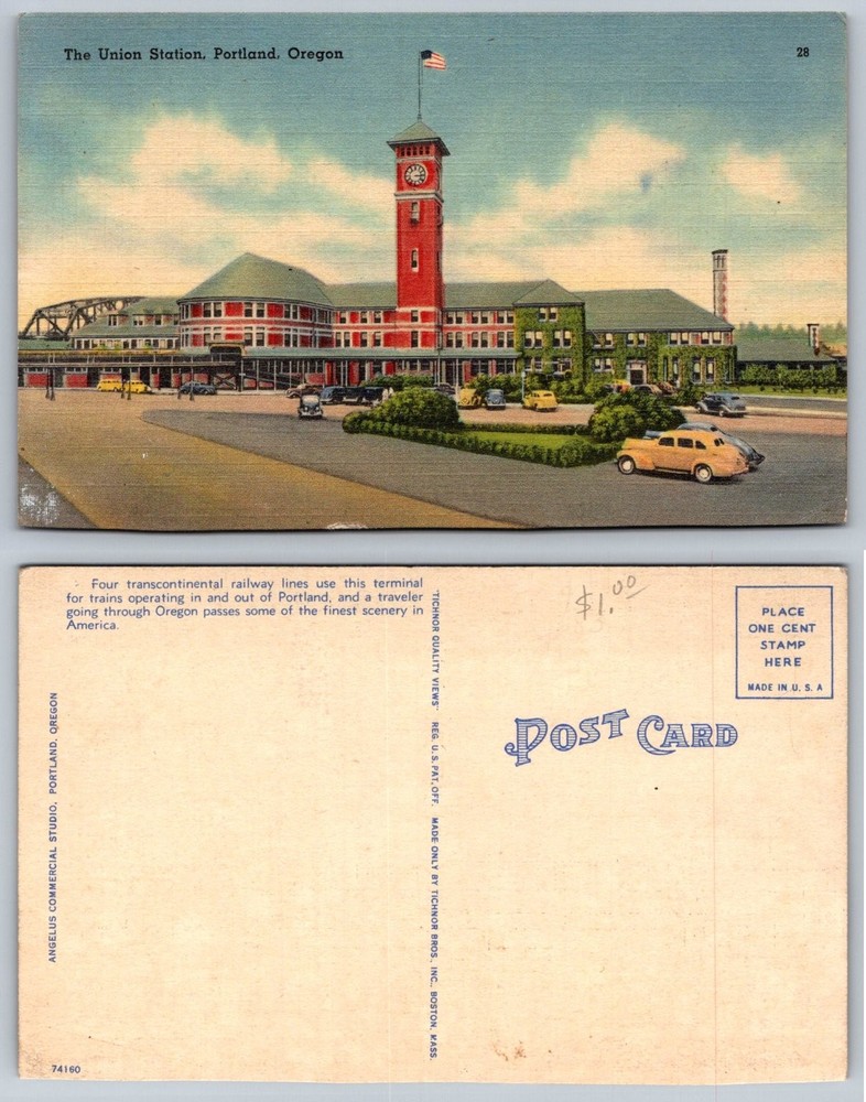 Vintage Tichnor Linen Postcard: Union Station, Portland, Oregon, 1930s