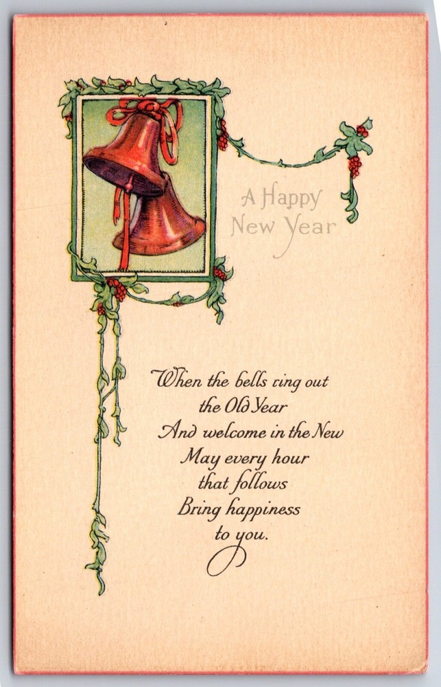 Holiday~Happy New Year~Bells In Frame W/ Holly~Pink Border~Vintage Postcard