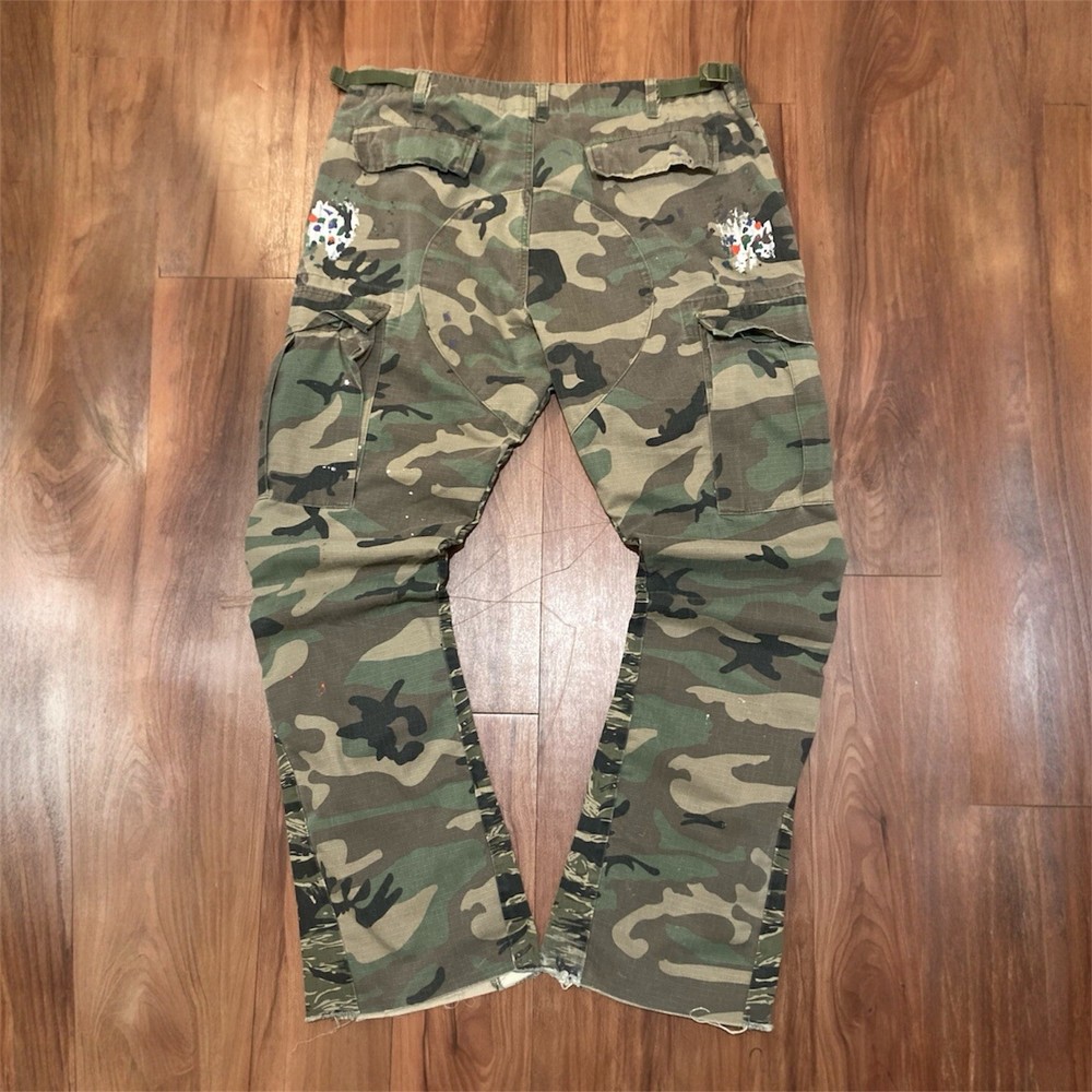 Flared Cargo Pants Adjustable Waist 32–38 | Multi Camo | Painted | Button Fly
