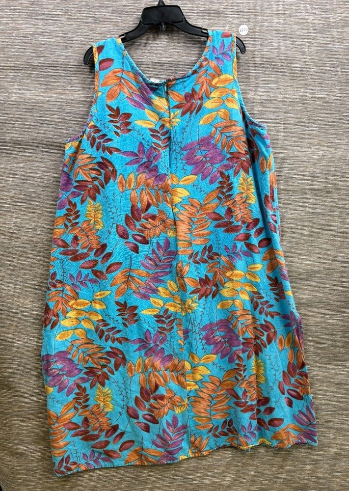 Kaktus Sleeveless Midi Dress Womens 2X Teal Tropical Leaf Print Linen Blend Tank