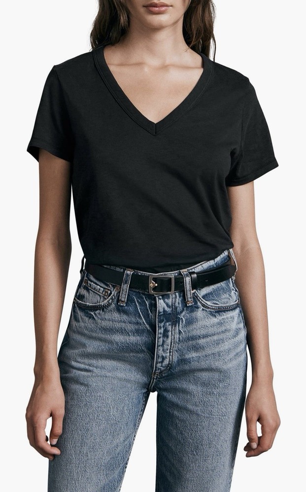 Women's Black V-Neck Short Sleeve Jersey T-Shirt Solid Regular Fit Casual