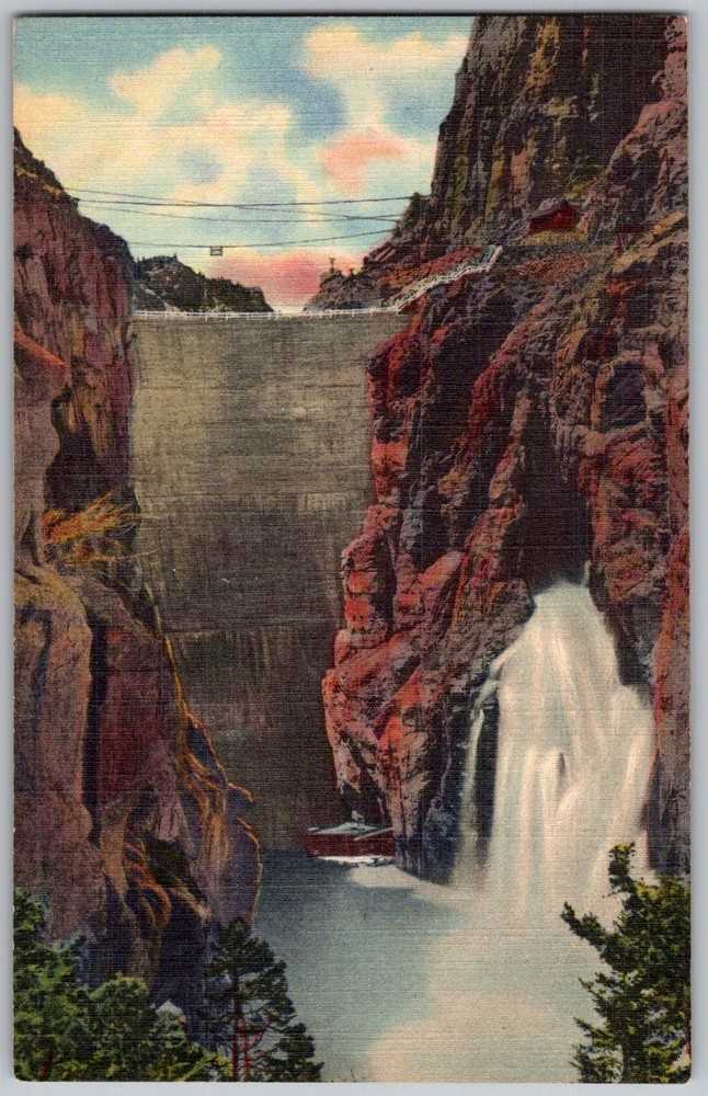 Vtg Linen Postcard Shoshone Dam Spillway Cody, WY 1930s