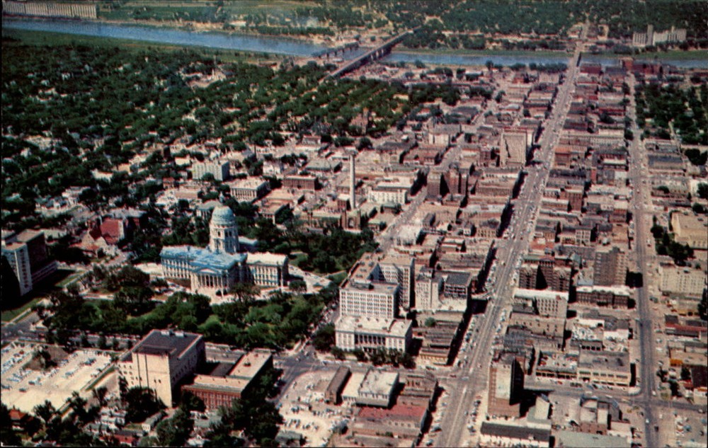State Capitol & downtown Topeka Kansas KS ~ aerial 1950s-60s vintage postcard