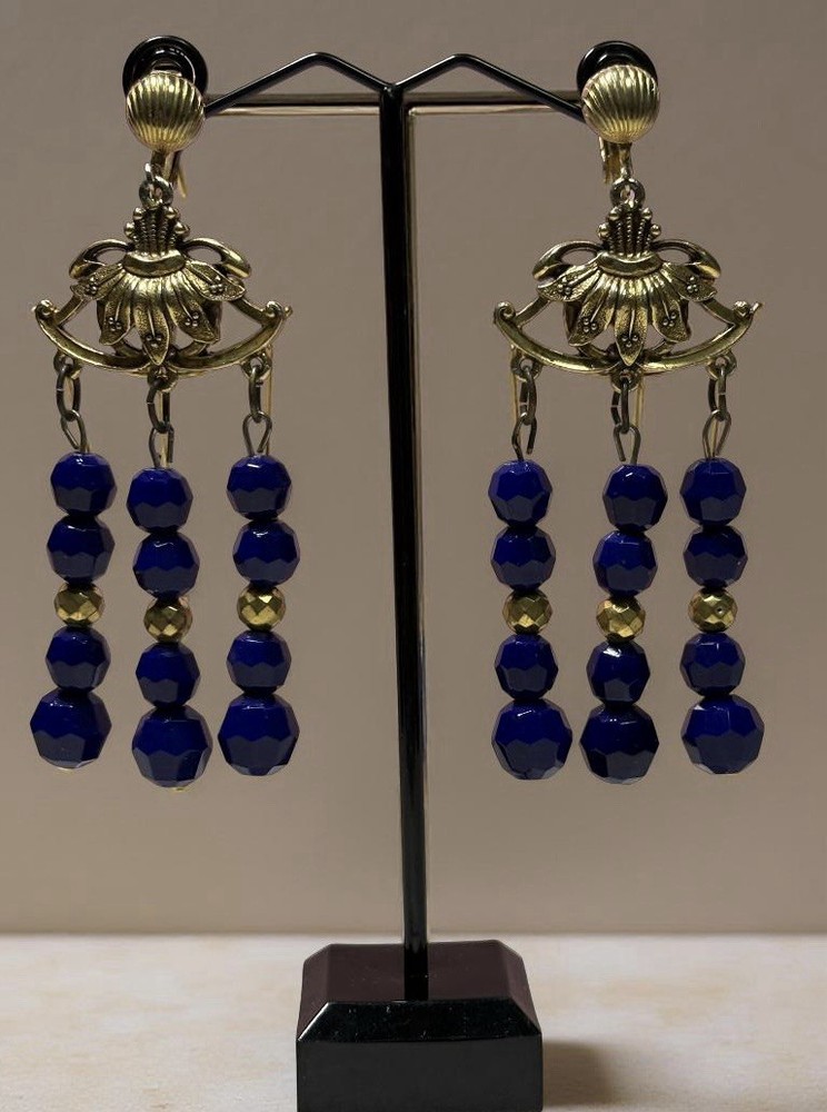 Vintage Florenza Clip-On Earrings 1950s Cobalt Blue Bead Chandelier Signed