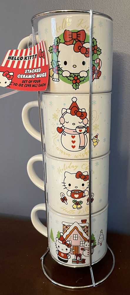 NEW HELLO KITTY CHRISTMAS MUGS lot of 4 STACKING TOWER W/STAND 10oz ceramic