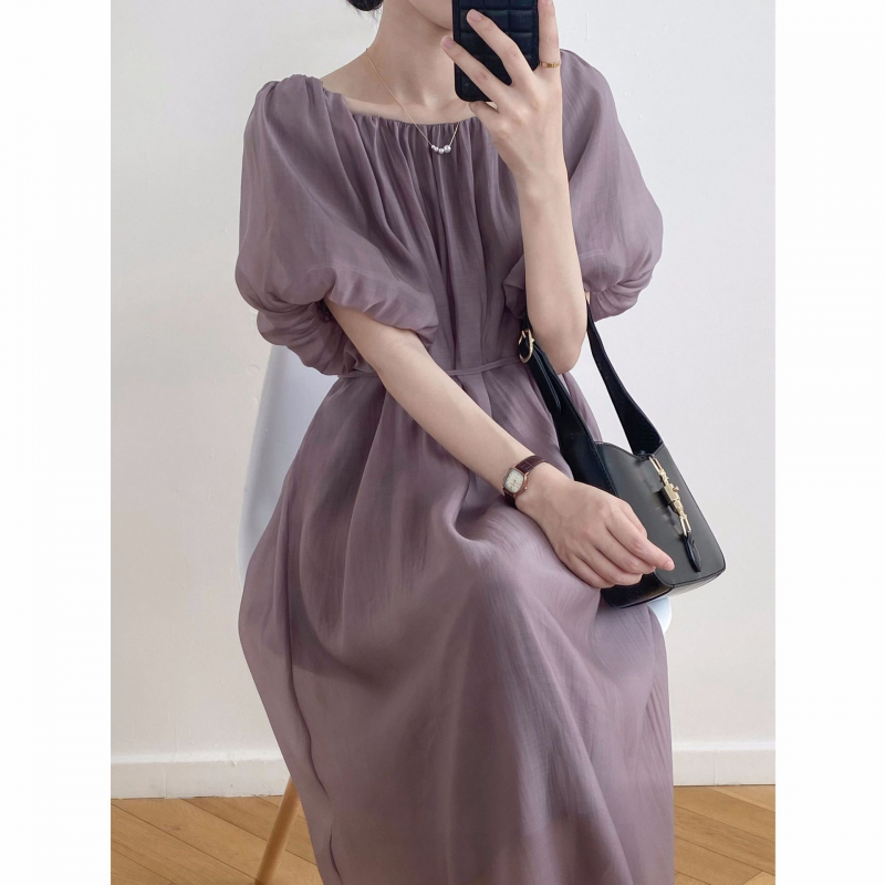 One-line Neck Dress Women's Pleated Bubble Sleeve Lace-up Mid-length Skirt