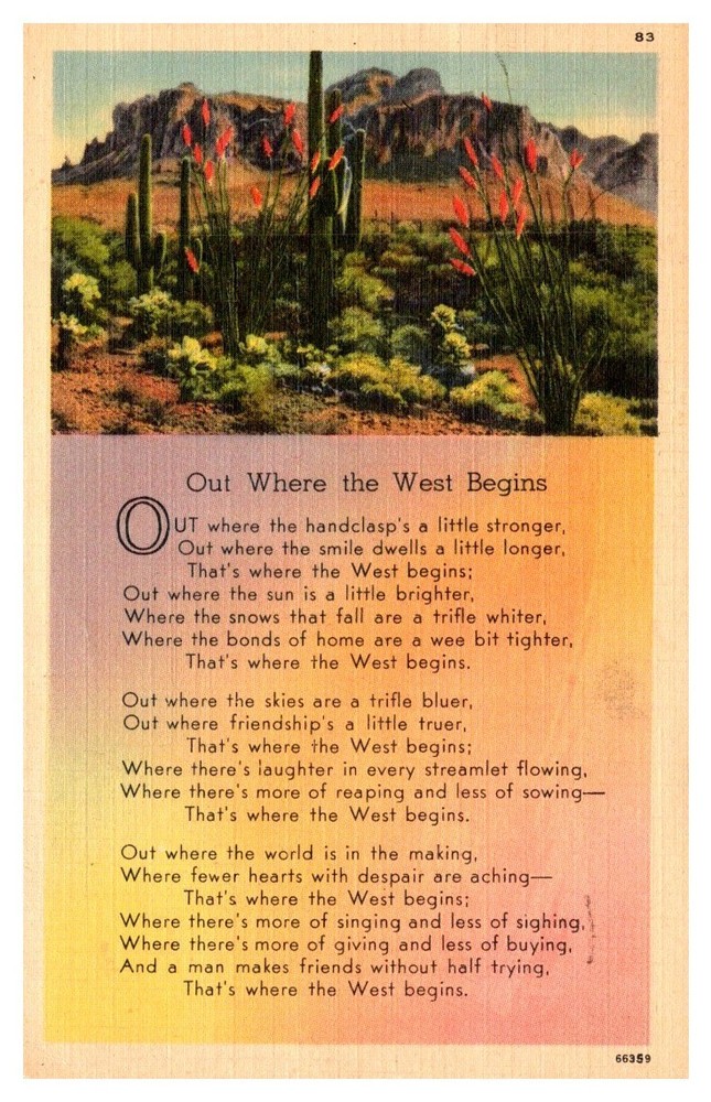1941 Out Where The West Begins Poem Colorful Desert California Vintage Postcard