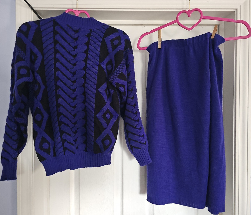 Women’s Blue/Black Geometric Knit Sweater & Skirt 2-Piece Set Size 16