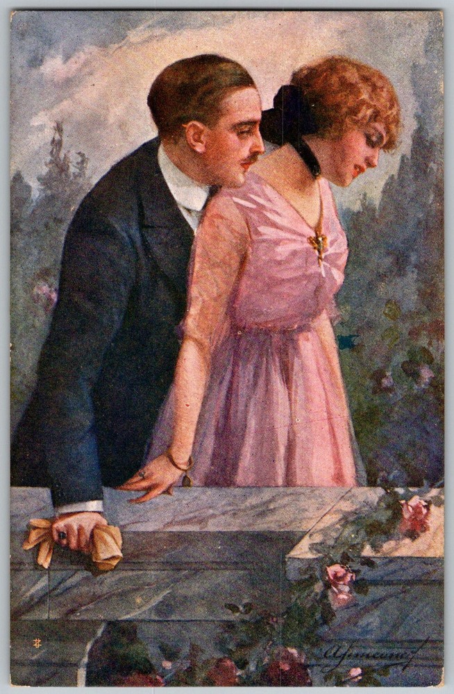 Antique Postcard Romantic Couple Balcony Milan, It 1910s