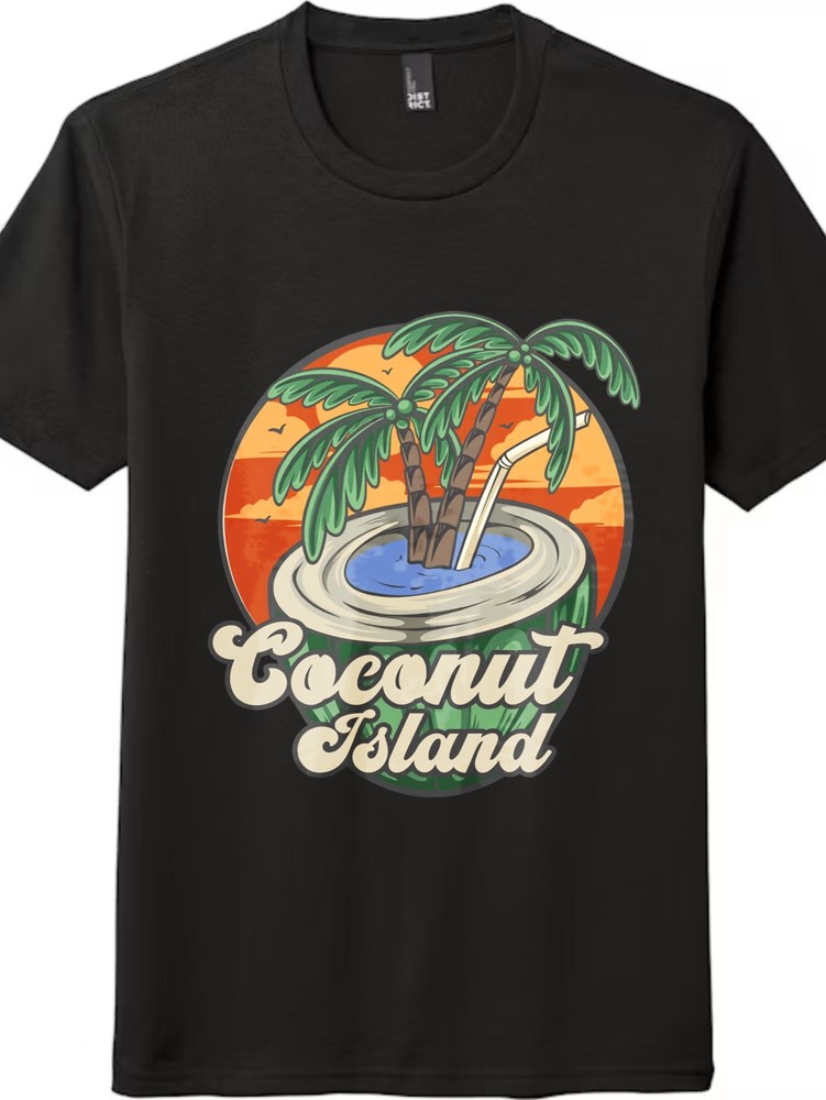 Coconut Island Retro Sunset Graphic T-Shirt, Tropical Beach Casual Tee