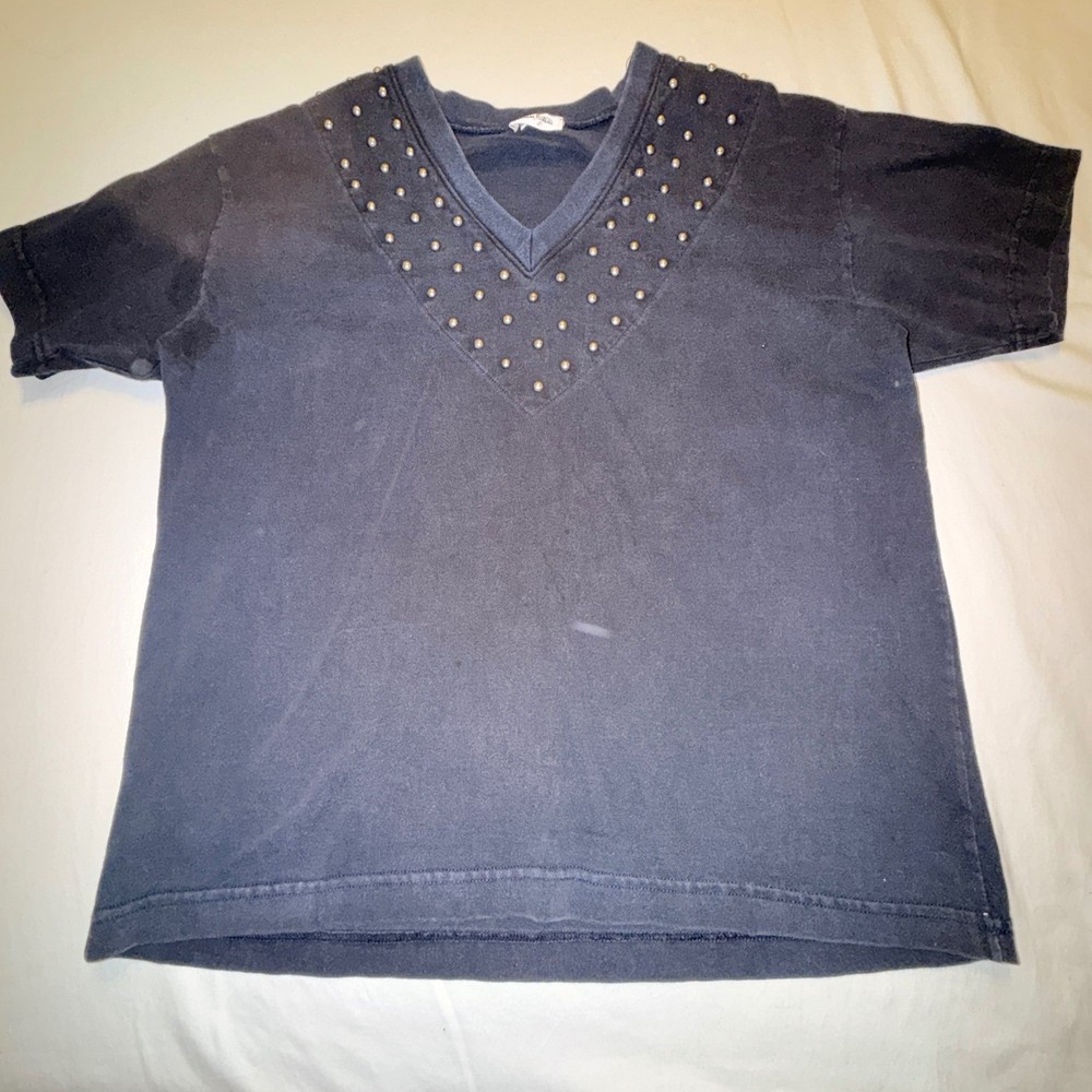Neiman Marcus Studded V-Neck T-Shirt Women Large Black Good Vintage 90s USA Made