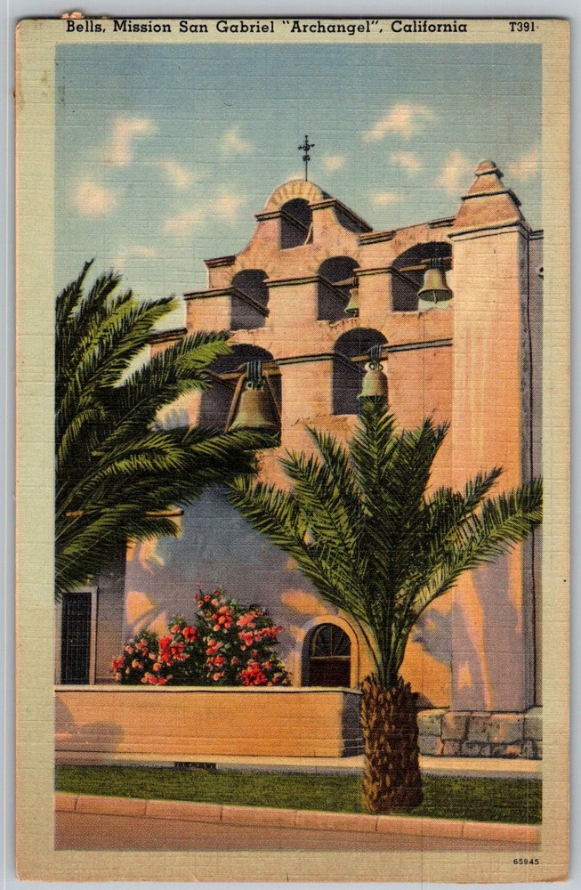 Vtg Linen Postcard Archangel Mission Bells San Gabriel, CA 1930s