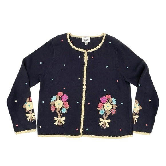 Vintage Christopher & Banks Hand Embroidered Cardigan Sweater Flowers Size Large