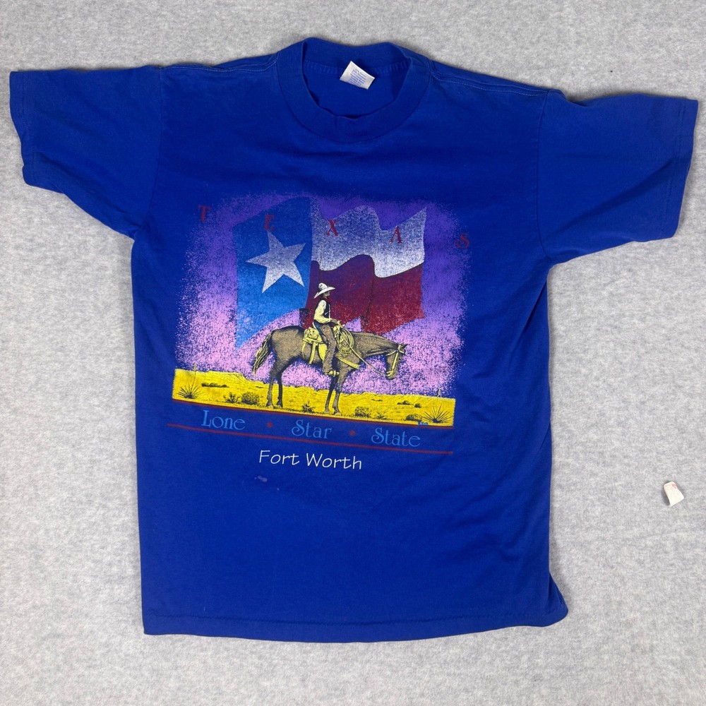 Sunshine Apparel Texas Fort Worth TShirt Mens Medium Blue Vintage 90s Cowboy Tee