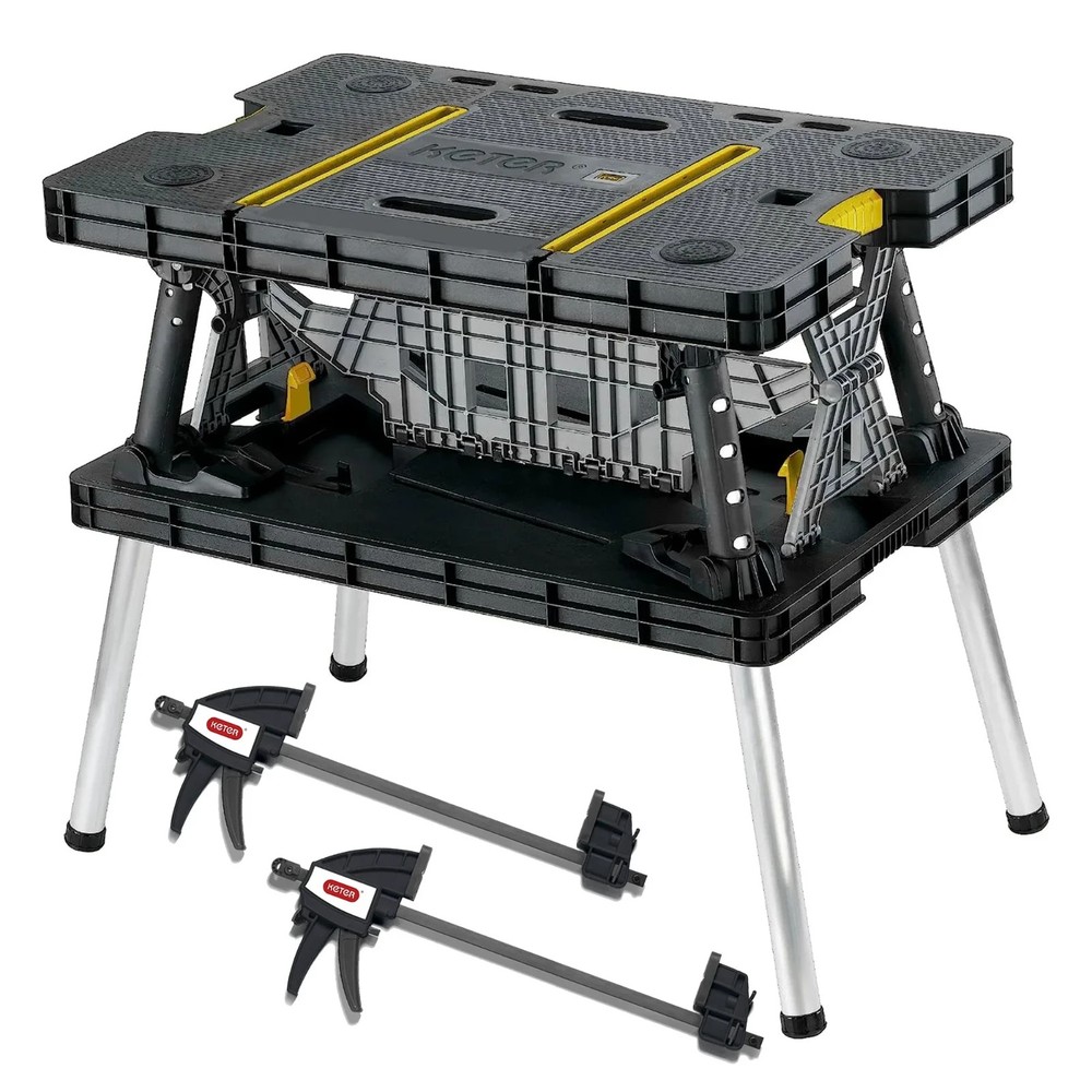 Portable Folding Workbench Sawhorse with 12 Inch Clamps for Tool Storage