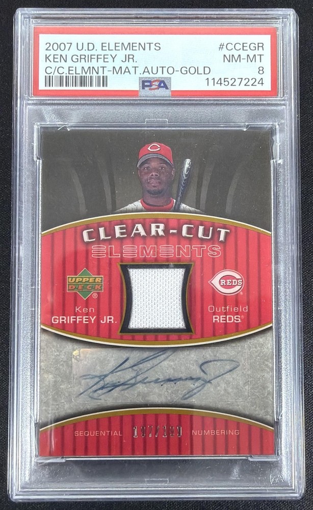 2007 Upper Deck Elements Ken Griffey Jr. Clear Cut gold /199 MEM Auto PSA 8