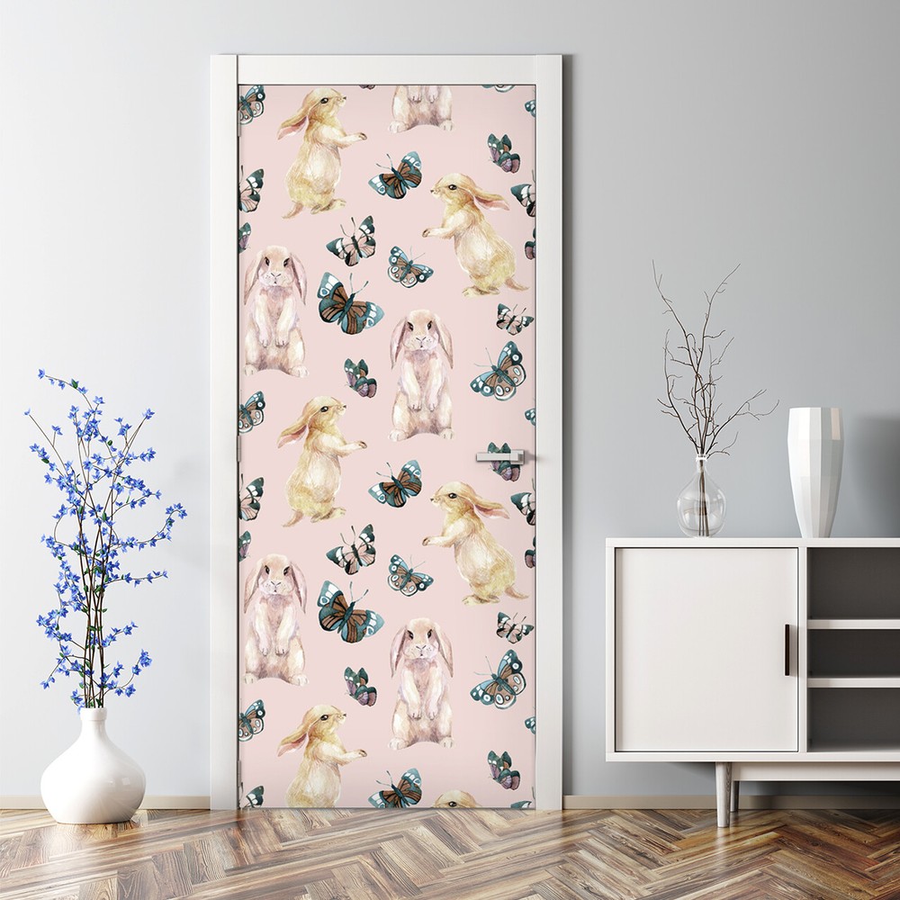 Pink Watercolor Rabbit Butterfly Fairytale Mural Sticker for Kids Room Door